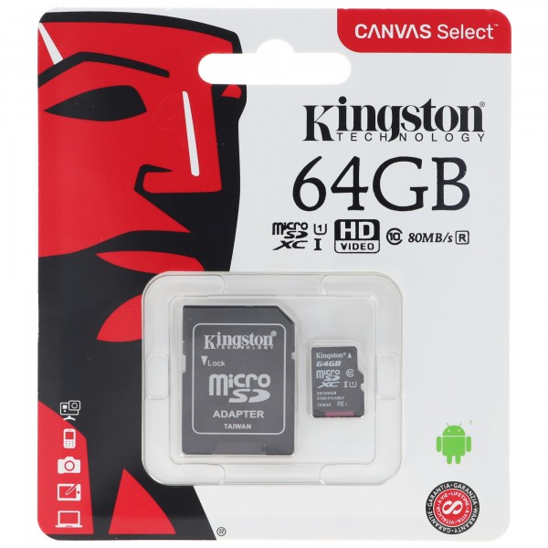KINGSTON 64 GB micro SD-kort, Kingston Canvas Select Plus microSD-hukommelseskort, optimeret til Android-enheder, med SD-adapter