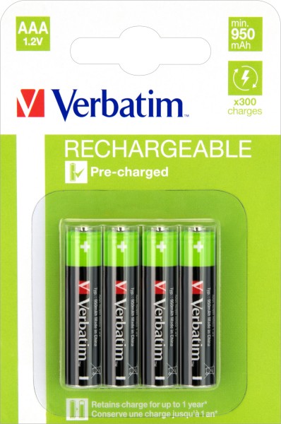 Verbatim genopladeligt batteri NiMH, Micro, AAA, HR03, 1,2V/1000mAh Foropladet, detailblister (4-pak)