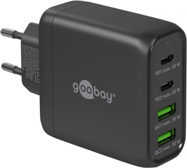 Goobay USB-C™ PD multiport hurtigoplader (68 W) sort - 2x USB-C™-porte (strømforsyning) og 2x USB-A-porte (Quick Charge) - sort