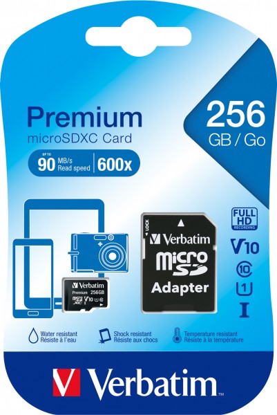 Verbatim microSDXC-kort 256GB, Premium, Klasse 10, U1 (R) 90MB/s, (W) 10MB/s, SD-adapter, detailblister