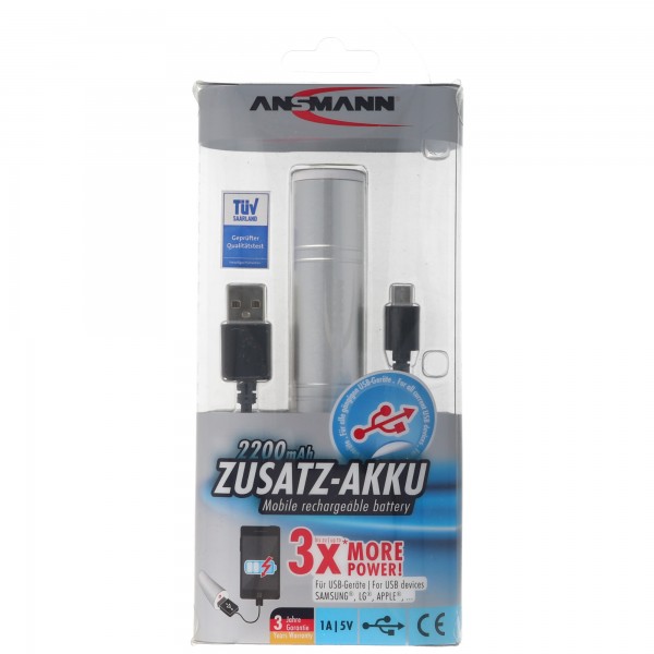 ANSMANN 1700-0009 Powerbank 2200mAh eksternt ekstra batteri til smartphones og andre USB-enheder