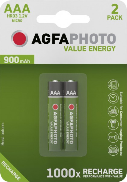 Agfaphoto batteri NiMH, mikro, AAA, HR03, 1,2V/900mAh værdi energi, detailblister (2-pak)