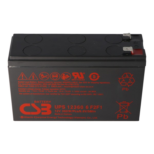 CSB-UPS123606 12 Volt AGM blybatteri 360Ah, 151x51x98,3mm faston 4,8 / 6,3mm høj strøm