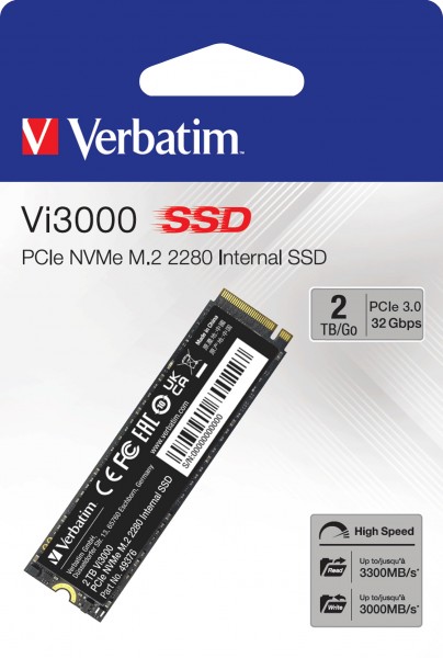 Verbatim SSD 2TB, PCIe 3.0, M.2 2280, NVMe, Vi3000 (R) 3300MB/s, (W) 3000MB/s, Detailhandel
