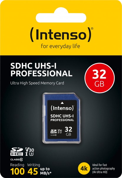 Intenso SDHC-kort 32GB, Professional, Class 10, U1, UHS-I (R) 100MB/s, (W) 45MB/s, detailblister