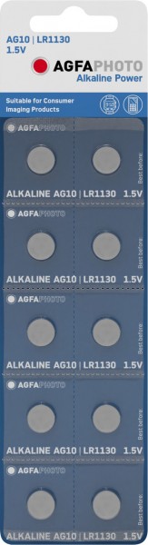 Agfaphoto batteri alkalisk, knapcelle, LR54, V10GA, 1,5V strøm, detailblister (10-pak)