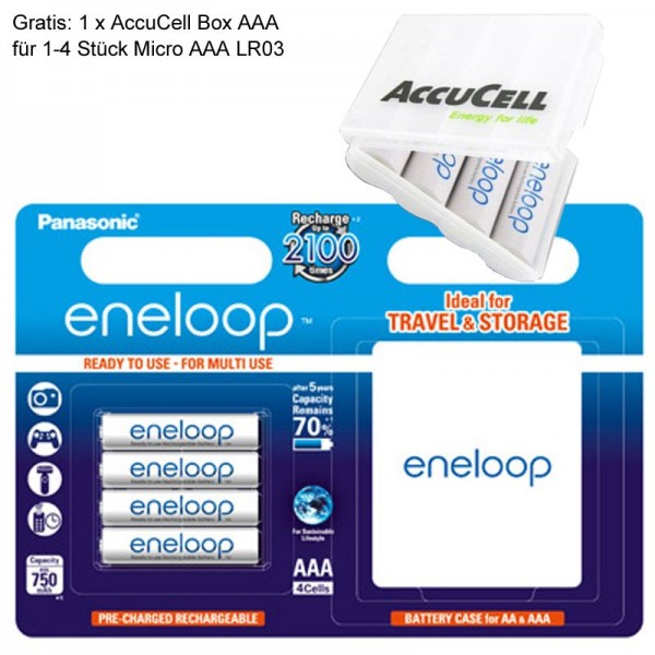 AAA Panasonic eneloop Micro BK-4MCCEC4BE 800mAh 4 stk. Inkl. Eneloop-taske og AccuCell AkkuSafe AAA
