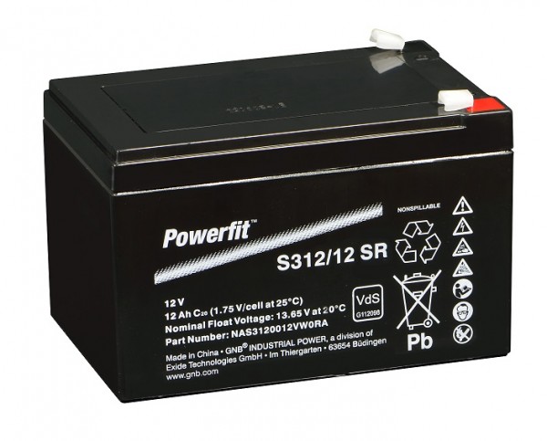 Exide Powerfit S312 / 12SR blybatteri med Faston 6.3mm 12V, 12000mAh