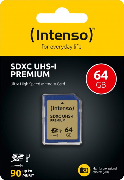 Intenso SDXC-kort 64GB, Premium, Class 10, U1, UHS-I (R) 90MB/s, (W) 10MB/s, detailblister