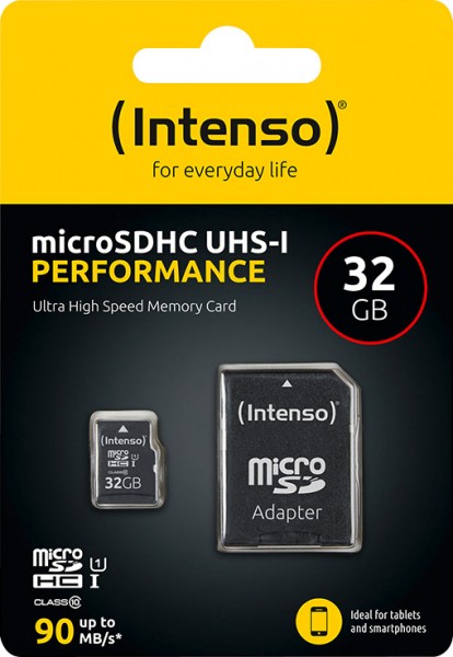 Intenso microSDHC-kort 32 GB, ydeevne, klasse 10, U1 (R) 90 MB/s, (W) 10 MB/s, SD-adapter, detailblister
