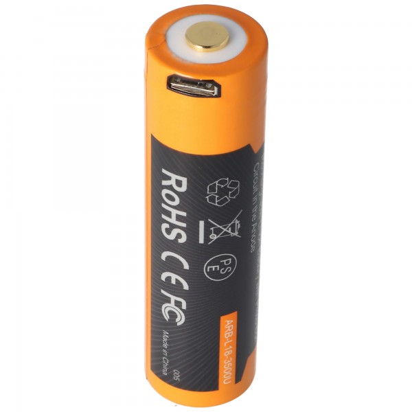 Li-ion batteri 18650, 3500mAh beskyttet med USB opladningsfunktion, 70x18,6mm, med AccuSafe