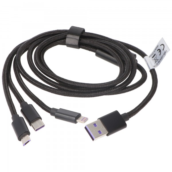 3IN1 USB datakabel egnet til USB-C, iPhone, MICRO-USB kabel 1 meter SORT