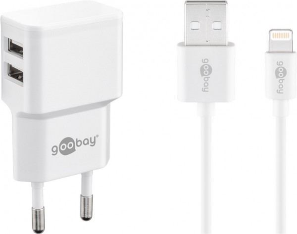 Goobay Apple Lightning dobbelt opladningssæt 2,4 A - strømforsyningsenhed med 2x USB-stik og Apple Lightning-kabel 1m (hvid)