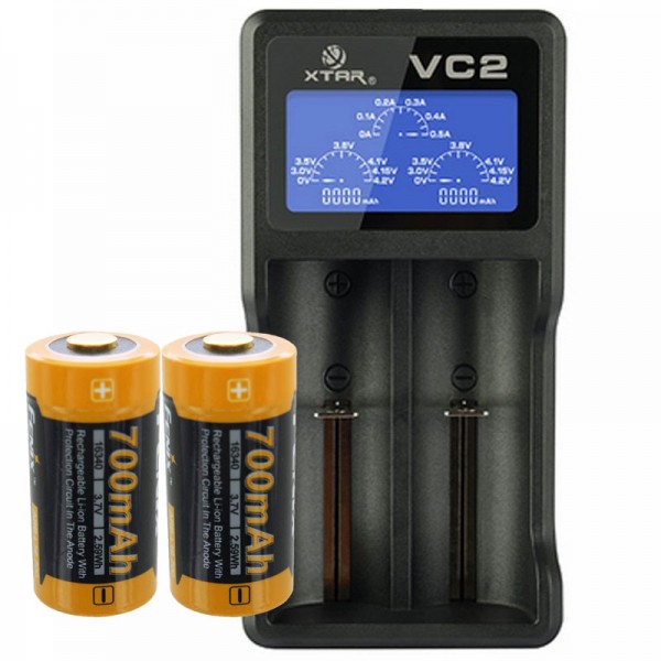 2 stk. CR123A Li-ion batteri med op til 760mAh og USB oplader med stor display med op til 0,5Ah opladestrøm