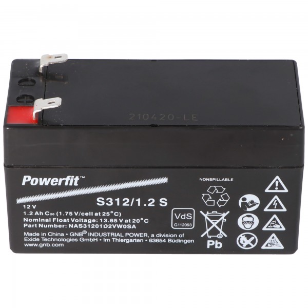 Exide Powerfit S312 / 1,2S PB blybatteri 12 Volt, 1200mAh med Faston 4.8mm kontakt