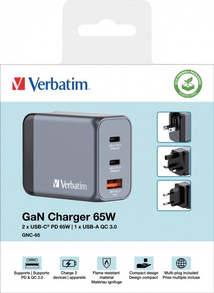 Verbatim opladningsadapter, universal, GNC-65, GaN, 65W, grå 1x USB-A QC, 2x USB-C PD, detailhandel