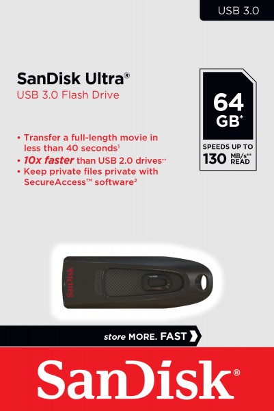 Sandisk USB 3.0 Stick 64GB, Ultra Type-A, (R) 130MB/s, SecureAccess, detailblister