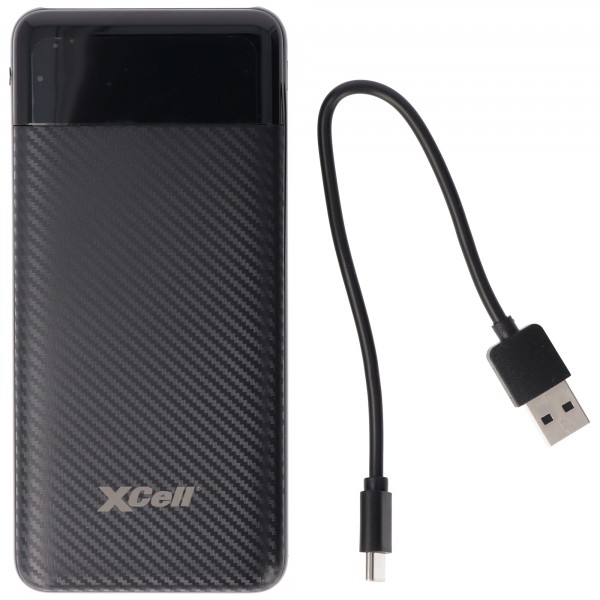XCell Powerbank X10000 med 10.000 mAh kapacitet, slankt design, LED-skærm, dobbelt USB-udgang, USB-C-opladningsport