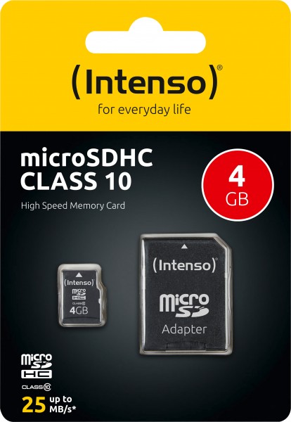 Intenso microSDHC-kort 4GB, Klasse 10 (R) 25MB/s, (W) 10MB/s, SD-adapter, detailblister