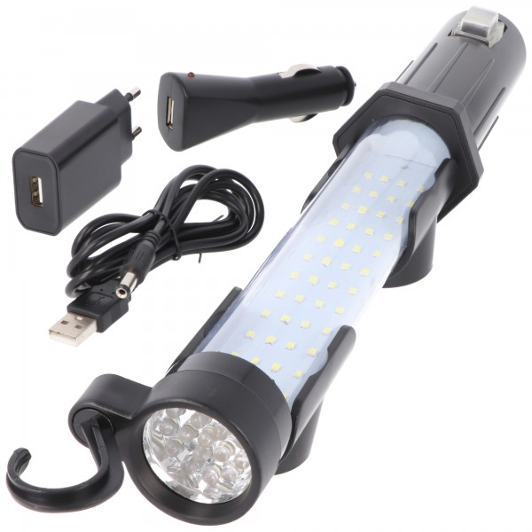 Professionelt arbejdslampe LED lommelygte med 65 LED'er inklusive batteri og oplader samt 12V adapter
