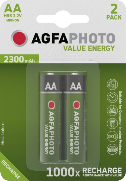 Agfaphoto-batteri NiMH, Mignon, AA, HR06, 1,2V/2300mAh værdienergi, detailblister (2-pak)