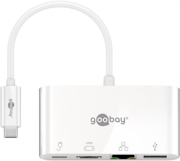 Goobay USB-C™ Multiport-adapter (HDMI™ + Ethernet, 60 W strømforsyning) - Tilføjer en Ethernet-, en HDMI™- og en USB 3.0-port til en USB-C™-enhed