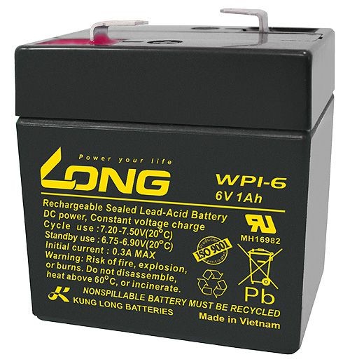 Kung Long WP1-6 blybatteri 6 Volt 1Ah med Faston 4,8 mm stikkontakt