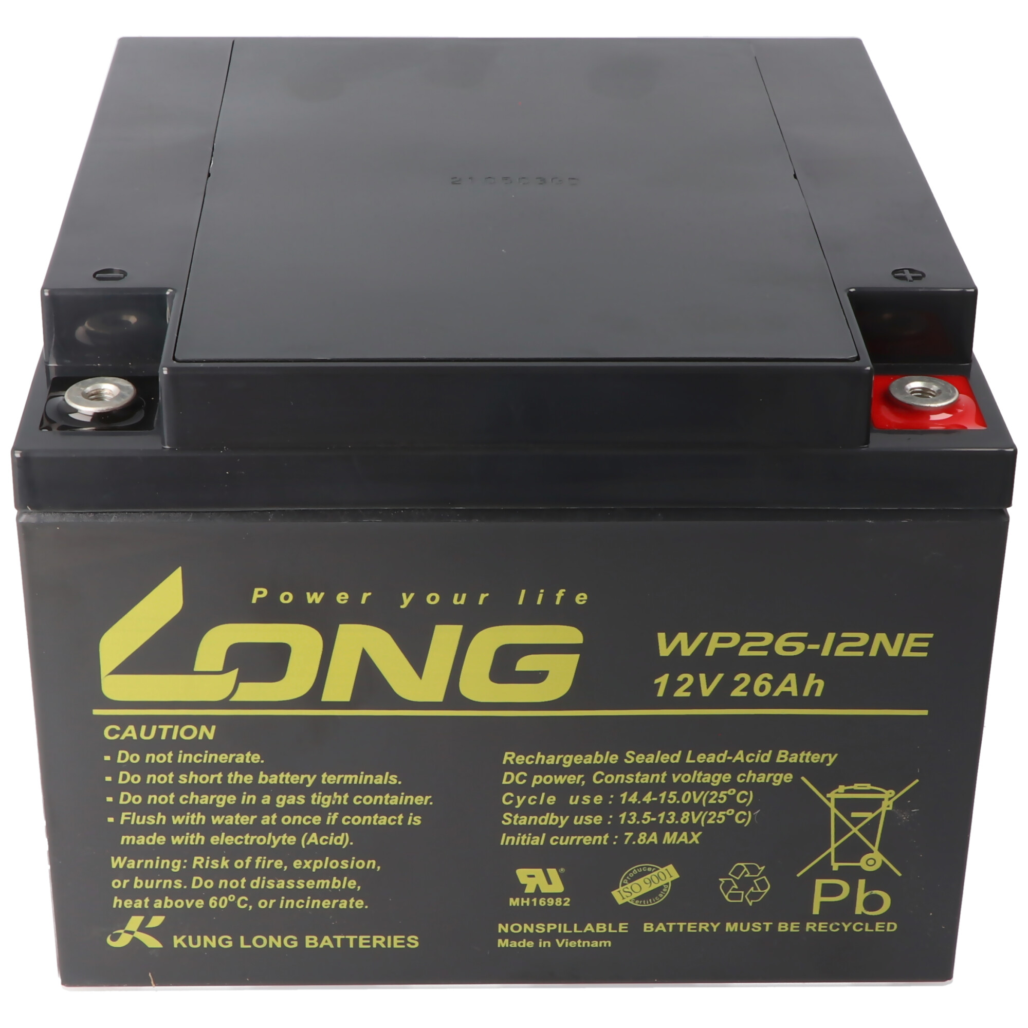 Kung Long WP26-12NE F6 cyklusresistent bly-fleece batteri, 12 volt, 26 Ah, M5 indvendigt | 12 Volt | Long | Batteri til blygel AGM | Genopladelige batterier | Akkushop-Denmark