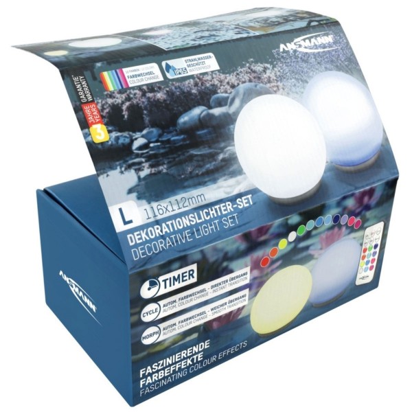 2 stk ANSMANN Aqua Ball flydende LED-vandlys med farvefunktioner, inklusive 3 AAA-mikrobatterier og fjernbetjening