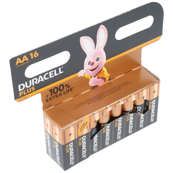 Duracell Alkaline Battery, Mignon, AA, LR06, 1,5V Plus, Extra Life, Retail Blister (16-Pack)