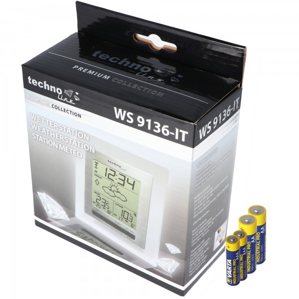 Premium vejrstation WS 9136-IT med udendørs sensor, inklusive 2x AA-mignon og 2x AAA-batterier
