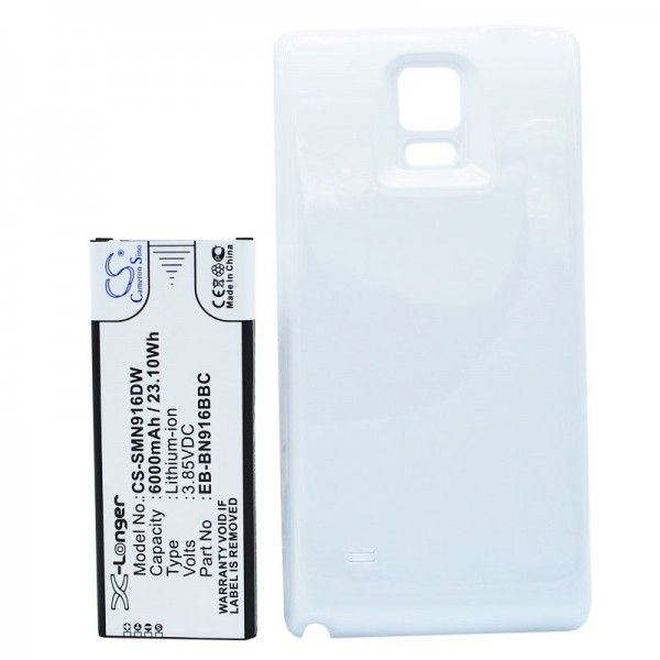 Batteri med ekstra cover hvid egnet til Galaxy Note 4 batteri EB-BN916BBC 6000mAh, 97,90 x 39,56 x 11,30mm