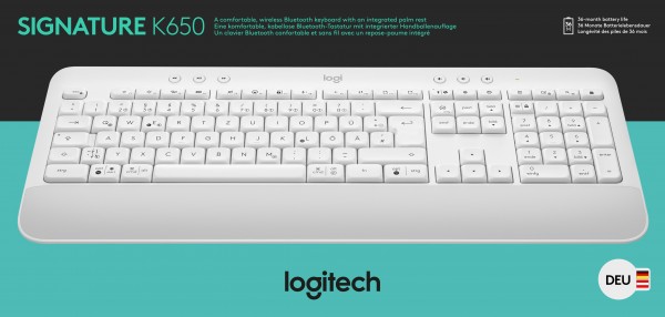 Logitech Keyboard K650, Trådløst, Bolt, Bluetooth, hvid Signature, DE, Detail