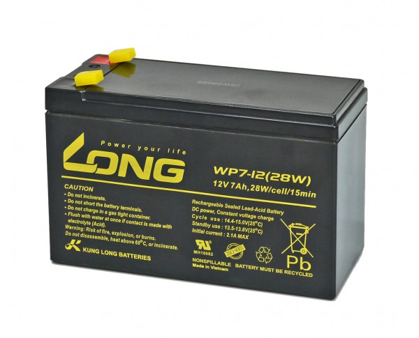 Kung Long vedligeholdelsesfrit bly-syre batteri WP7-12(28W) med 6,3 mm Faston tilslutning 12V/7Ah