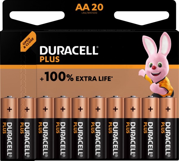 Duracell Alkaline Battery, Mignon, AA, LR06, 1,5V Plus, Extra Life, Retail Blister (20-Pack)