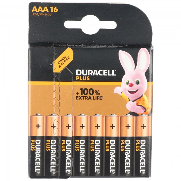 Duracell batteri alkalisk, mikro, AAA, LR03, 1,5V Plus, ekstra levetid, detailblister (16-pak)