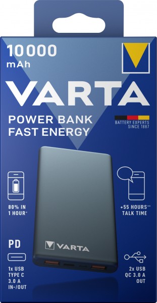Varta batteri powerbank, 5V/10.000mAh, Fast Energy, grå 2xUSB-A/Micro-B/-C, Quick Charge 3.0