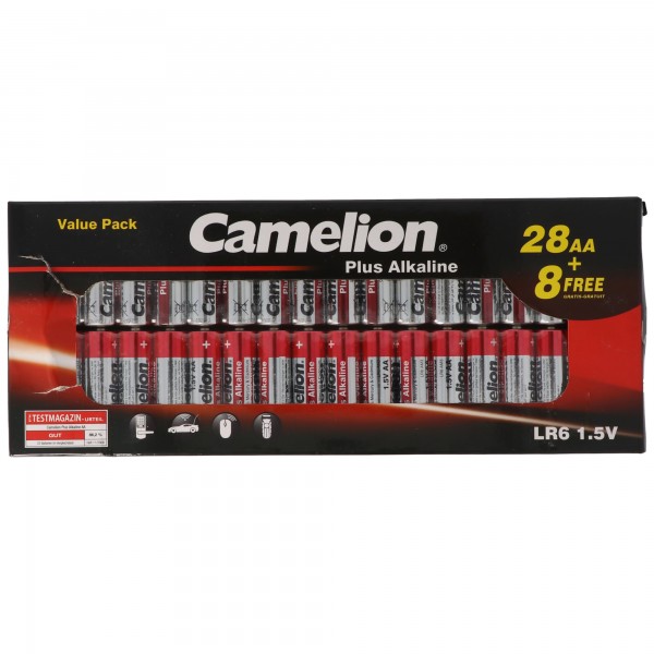 28+8 gratis, økonomipakke Camelion Plus Alkaline Mignon-batterier, AA, LR6, 1,5V