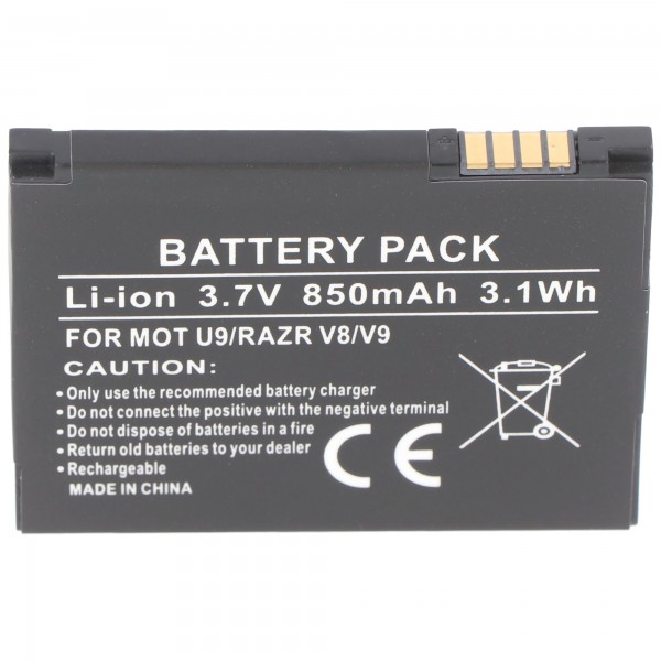 Batteri passer til Motorola U9, RAZR V8, V9, Li-ion, 3,7V, 850mAh, 3,1Wh