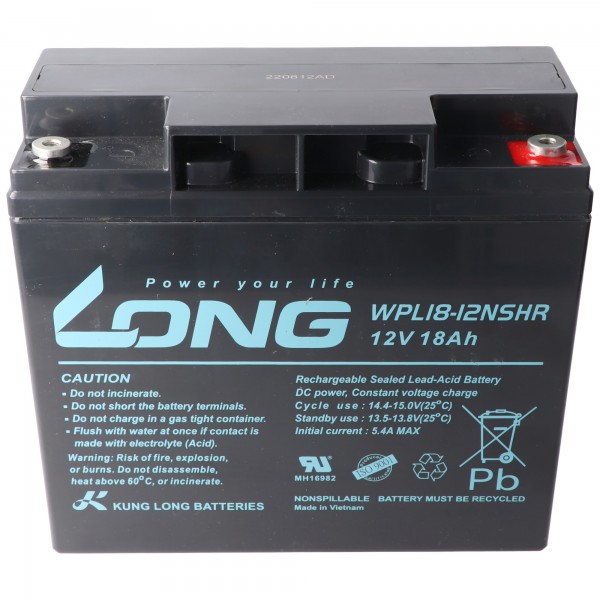Kung Long WPL18-12NSHR Longlife bly-fleece batteri, 12 volt, 18 Ah Faston M5 indvendigt gevind