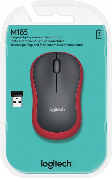 Logitech Mouse M185, trådløs, rød optisk, 1000 dpi, 3 knapper, detailhandel