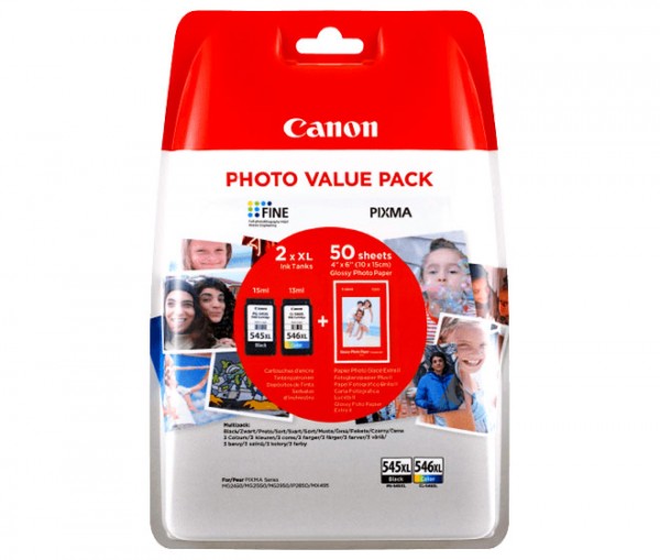 Canon blækpatroner værdipakke PG545XL/CL-546XL sort/farve, inklusive 50 ark fotopapir 10x15cm