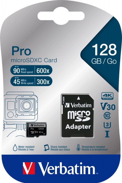 Verbatim microSDXC-kort 128GB, PRO, U3, UHS-3, 4K UHD (R) 90MB/s, (W) 45MB/s, SD-adapter, detailblister