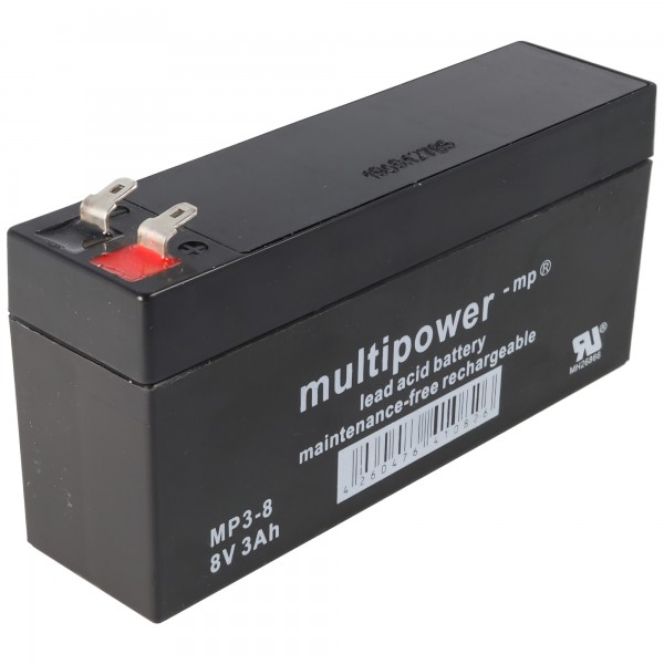 Multipower MP3 8 blybatteri 8 Volt 3000mAh med 2 Faston 4.8mm stikkontakter