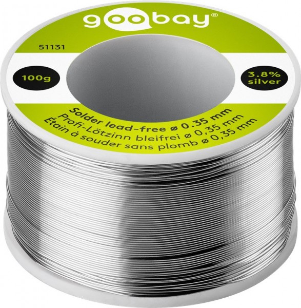Goobay professionel blyfri loddemetal, ø 0,35 mm, 100 g rulle - sammensætning: 3,8% sølv, 0,7% kobber, 93,8% tin, fluxindhold: 2%, smeltepunkt 217°C