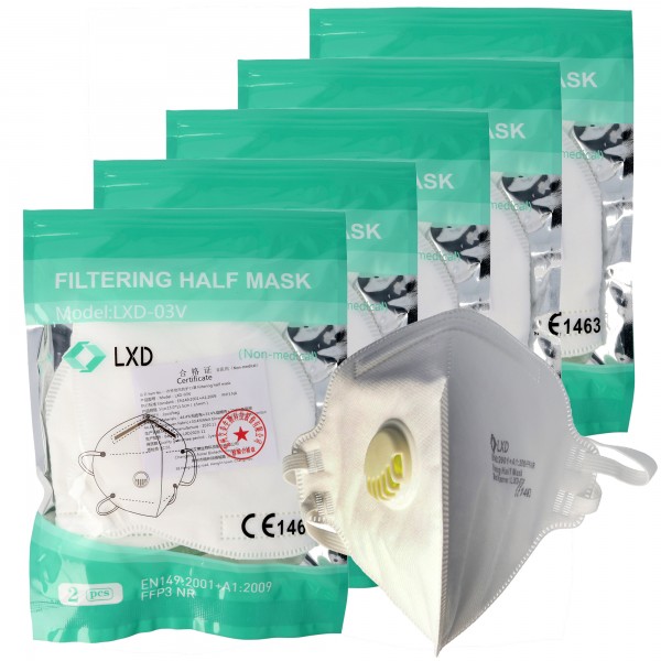 10 stk Premium FFP3 beskyttelsesmaske 5-lags med ventil, ugentlig ration, certificeret i henhold til DIN EN149: 2001 + A1: 2009, partikelfiltrering halvmaske