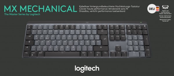 Logitech Keyboard MX Mechanical, Wireless, Bolt, Bluetooth Illuminated, Quiet, Taktile, Batteri, DE, grafit, Detail