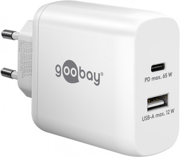 Goobay USB-C™ PD dobbelt hurtigoplader (65 W) hvid - 1x USB-C™-port (strømforsyning) og 1x USB-A-port - hvid