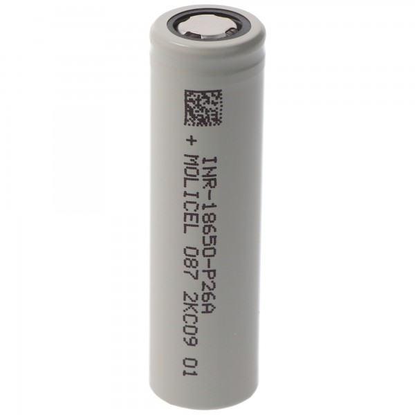 Molicel INR18650-P26A, 2600mAh 35A Li-ion batteri, 3,6V - 3,7V ubeskyttet, flad top, dimensioner 65x18,45mm