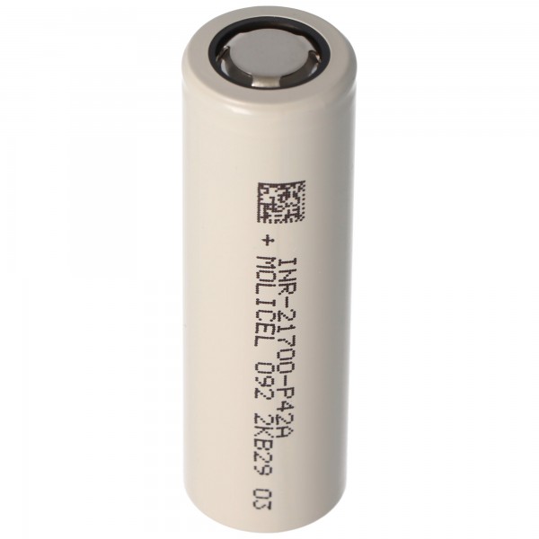 Molicel INR21700-P42A 4200mAh 45A Li-ion batteri, 3,6V - 3,7V ubeskyttet, flad top, mål 70,15x21,40mm